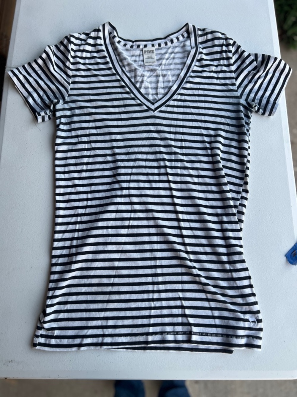 PINK Victoria's Secret Black & White Striped V-Neck Tee